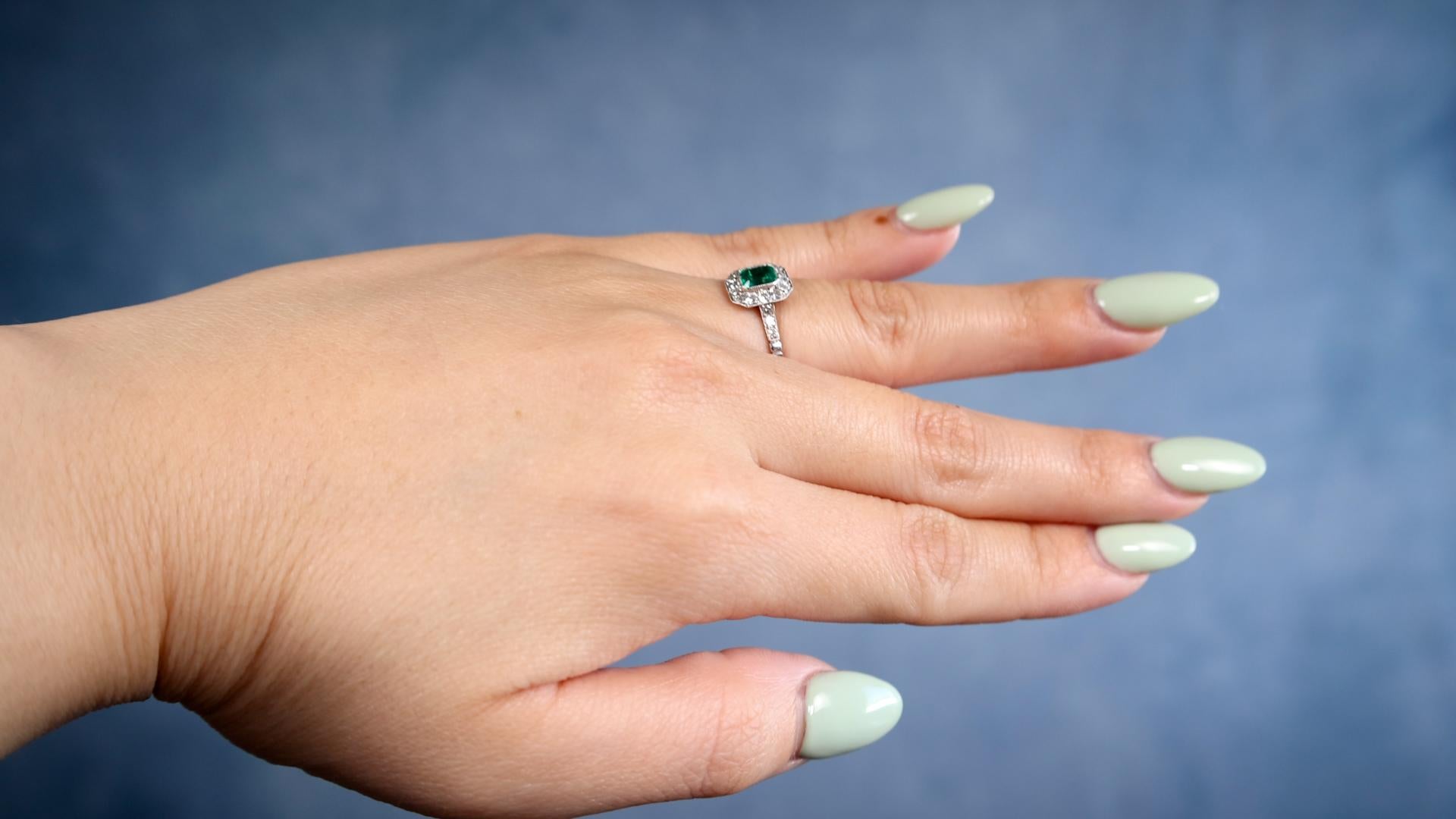 Single Cut Art Deco Inspired Emerald Diamond Platinum Ring For Sale