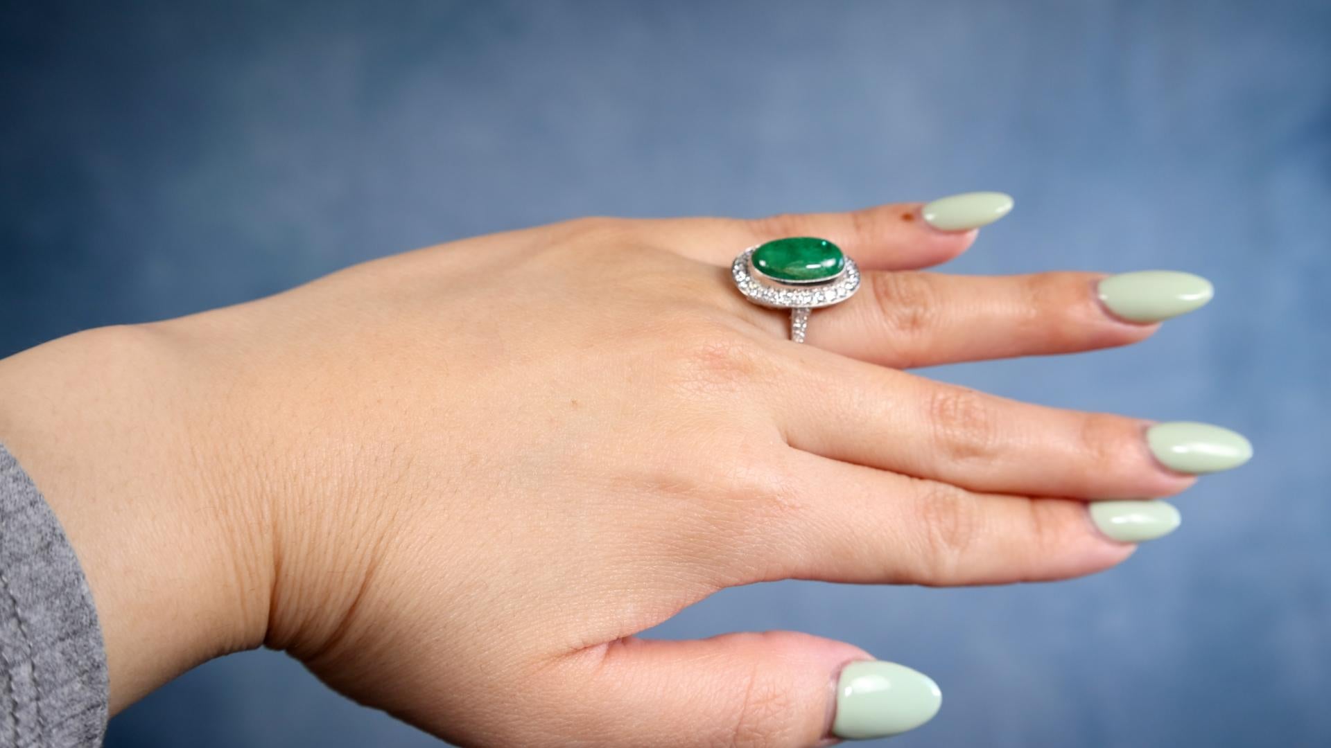 Cabochon Art Deco Inspired Emerald Diamond Platinum Ring For Sale