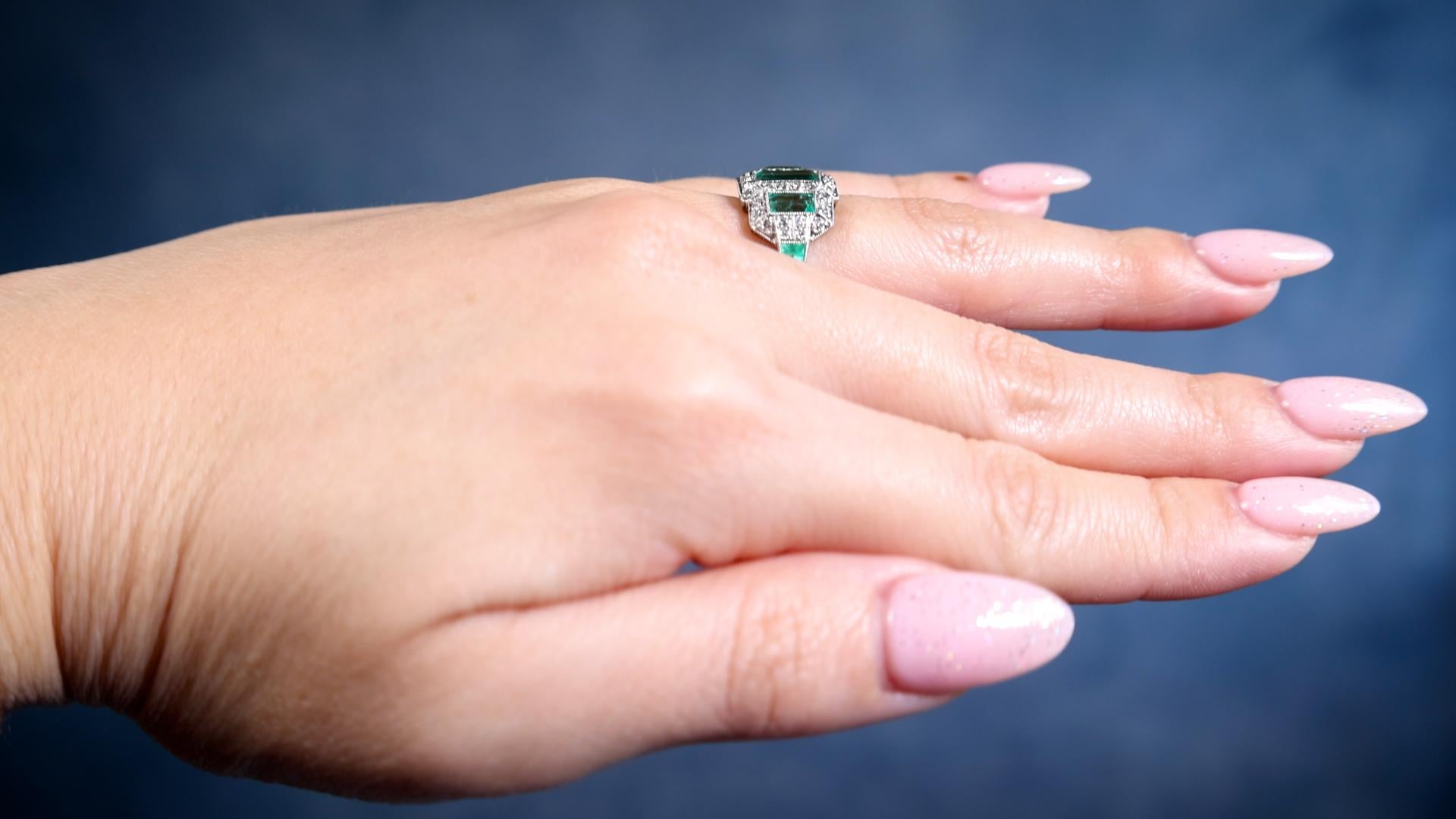 Art Deco Inspired Emerald Diamond Platinum Ring In Excellent Condition For Sale In Beverly Hills, CA