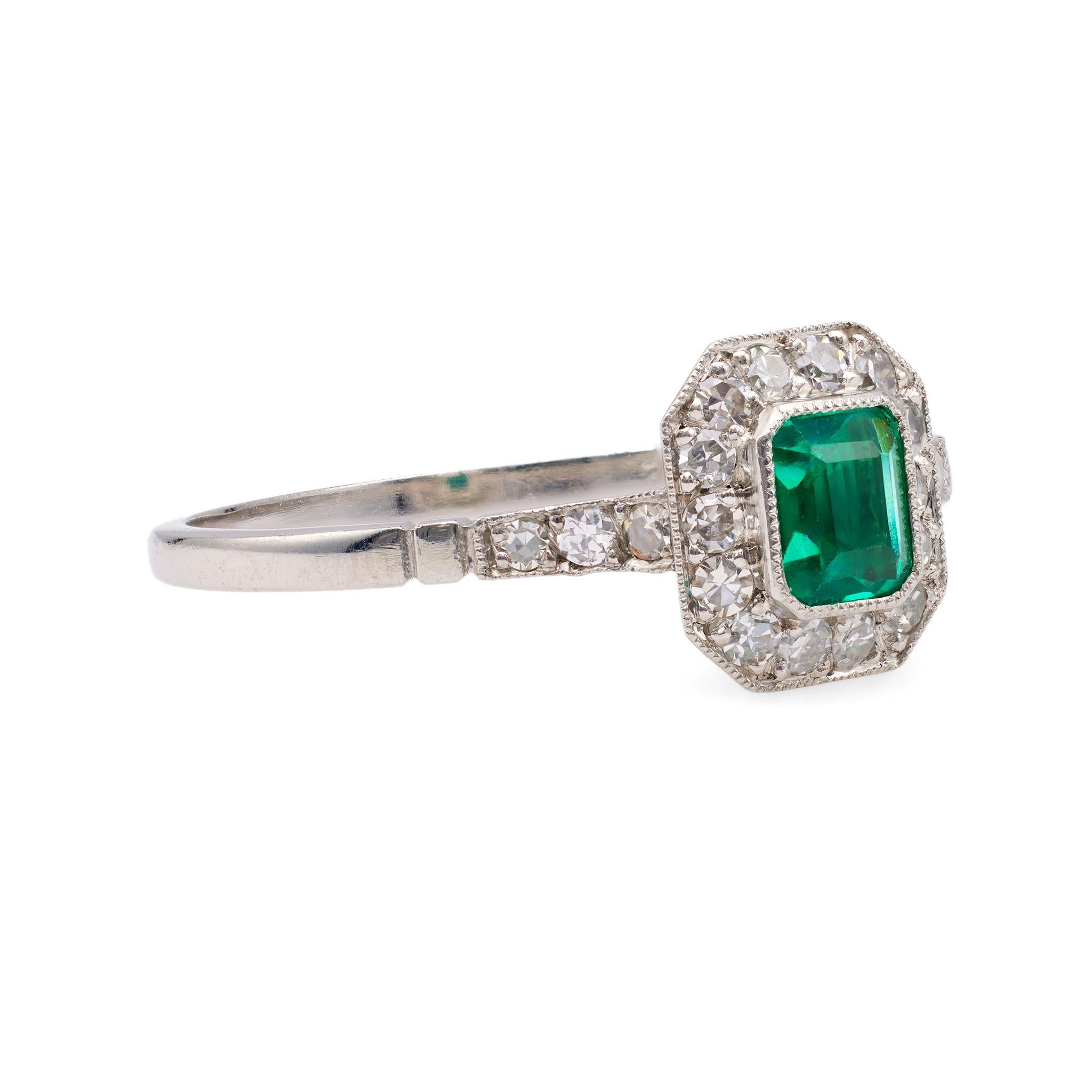 Art Deco Inspired Emerald Diamond Platinum Ring In Excellent Condition For Sale In Beverly Hills, CA