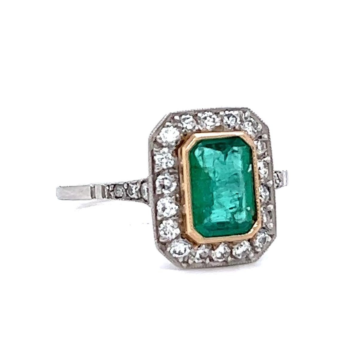 Women's or Men's Art Deco Inspired 0.77 Carat Emerald Diamond Platinum Ring For Sale