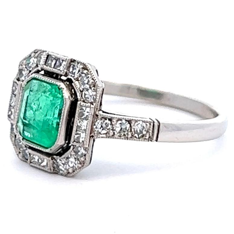 Women's or Men's Art Deco Inspired Emerald Diamond Platinum Ring