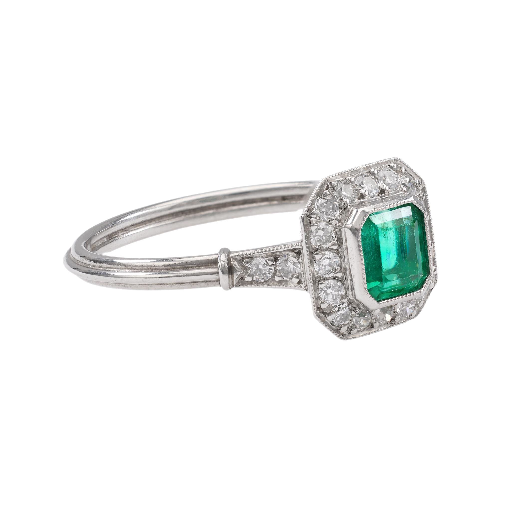 Women's or Men's Art Deco Inspired Emerald Diamond Platinum Ring For Sale