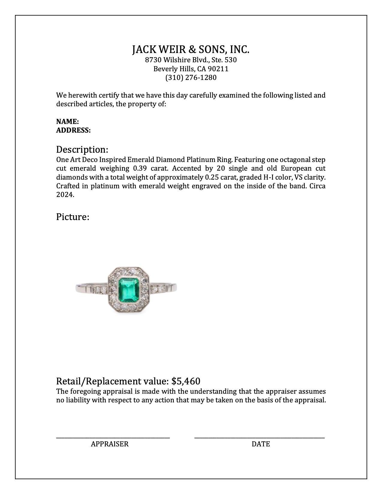 Women's or Men's Art Deco Inspired Emerald Diamond Platinum Ring For Sale