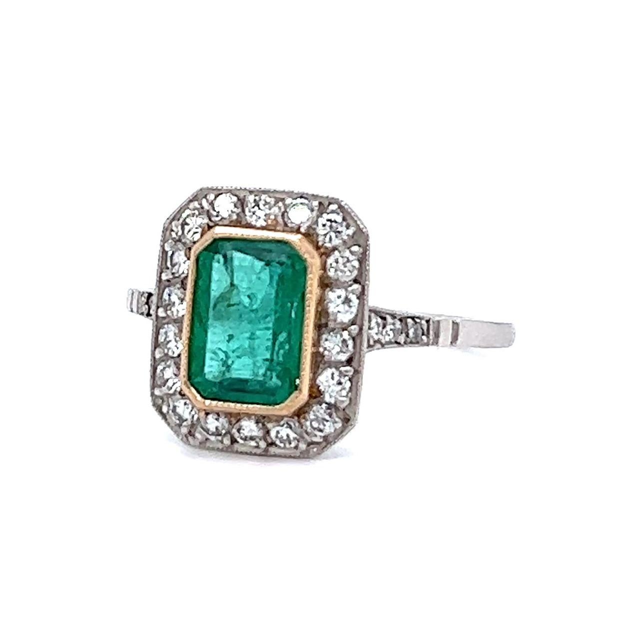 Art Deco Inspired 0.77 Carat Emerald Diamond Platinum Ring For Sale 1