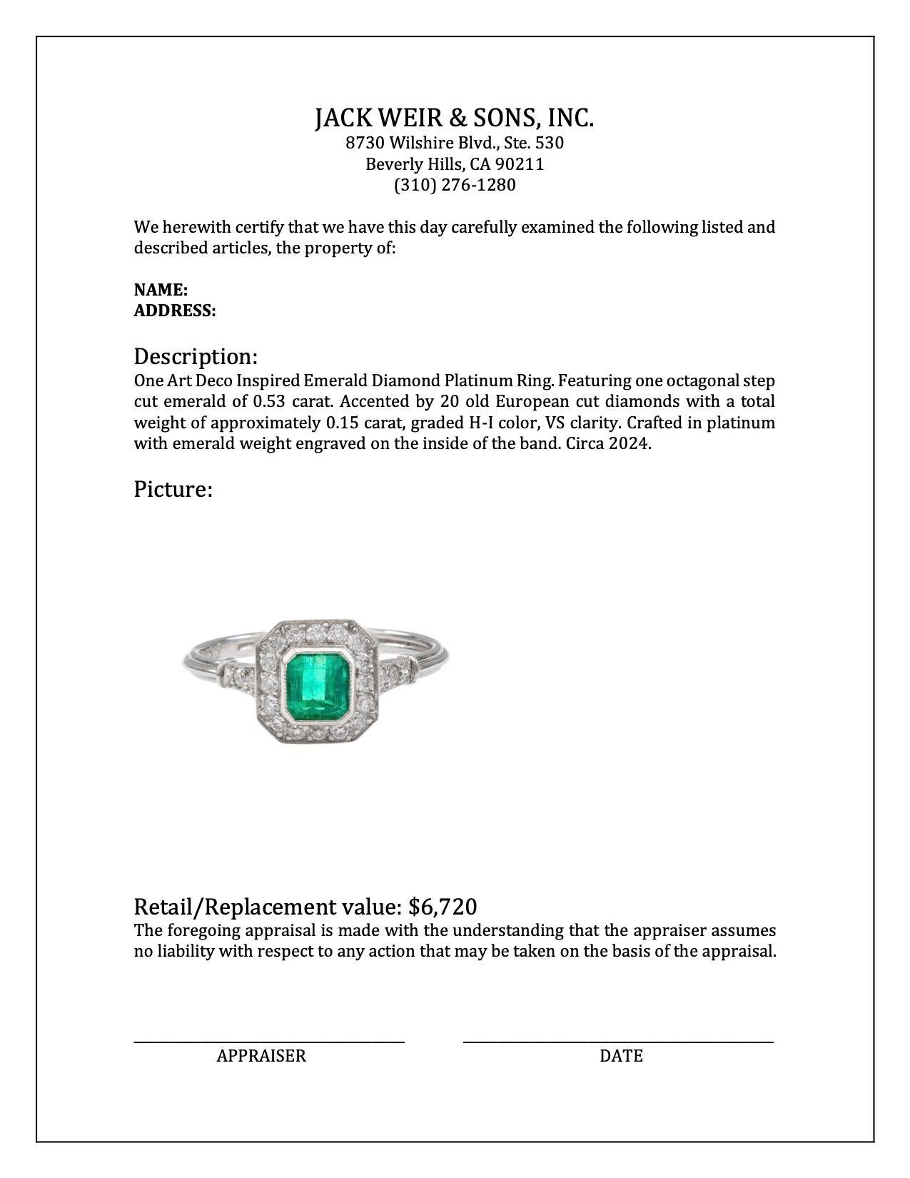 Art Deco Inspired Emerald Diamond Platinum Ring For Sale 1