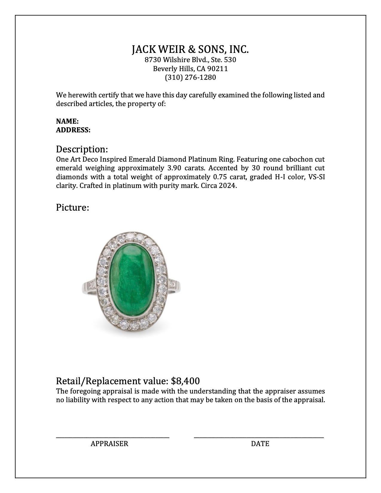 Art Deco inspirierter Platinring mit Smaragd und Diamant für Damen oder Herren im Angebot