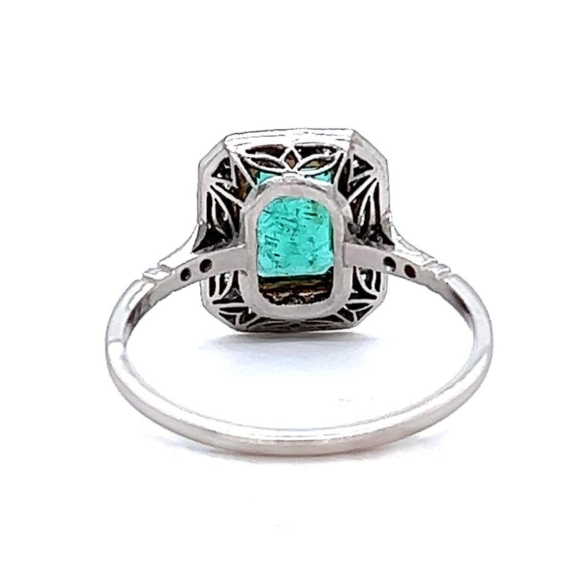 Art Deco Inspired 0.77 Carat Emerald Diamond Platinum Ring For Sale 2