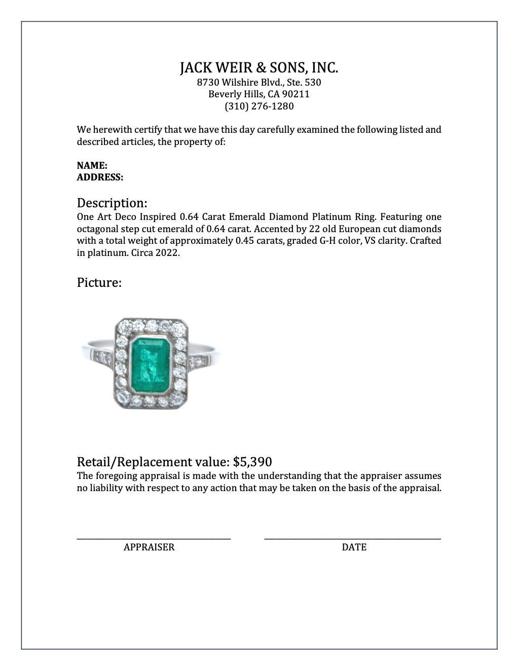 Art Deco Inspired Emerald Diamond Platinum Ring 2