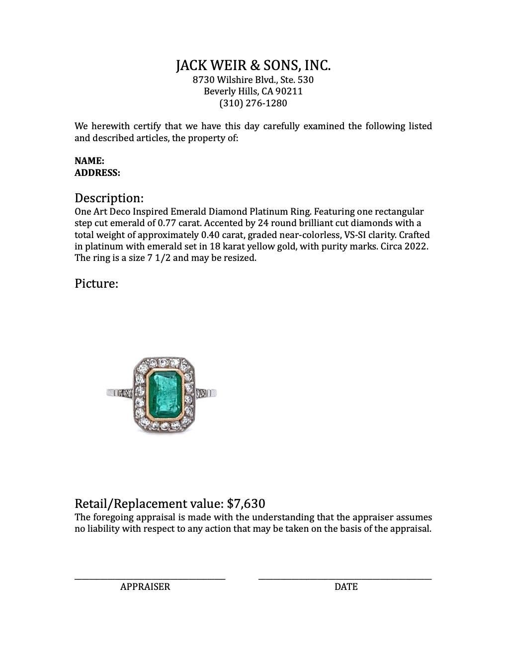 Art Deco Inspired 0.77 Carat Emerald Diamond Platinum Ring For Sale 3