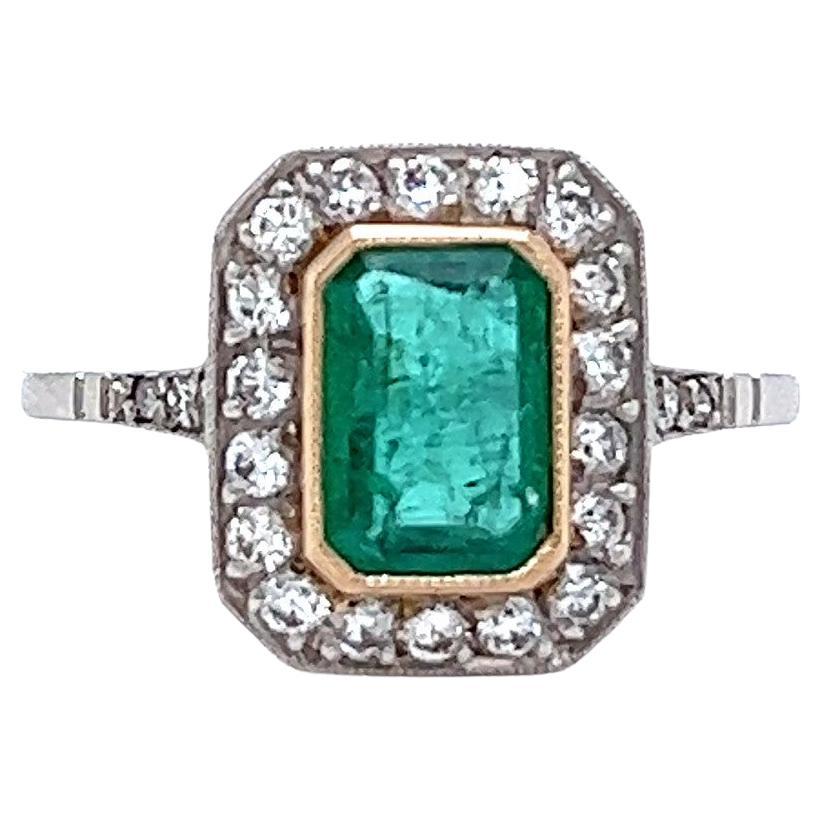 Art Deco Inspired 0.77 Carat Emerald Diamond Platinum Ring For Sale