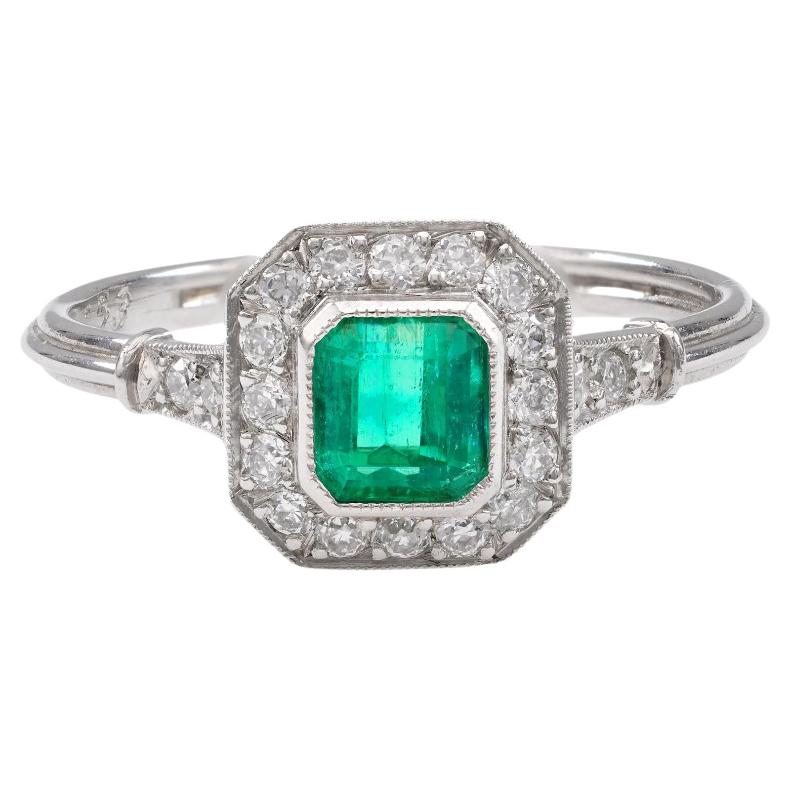 Art Deco Inspired Emerald Diamond Platinum Ring For Sale