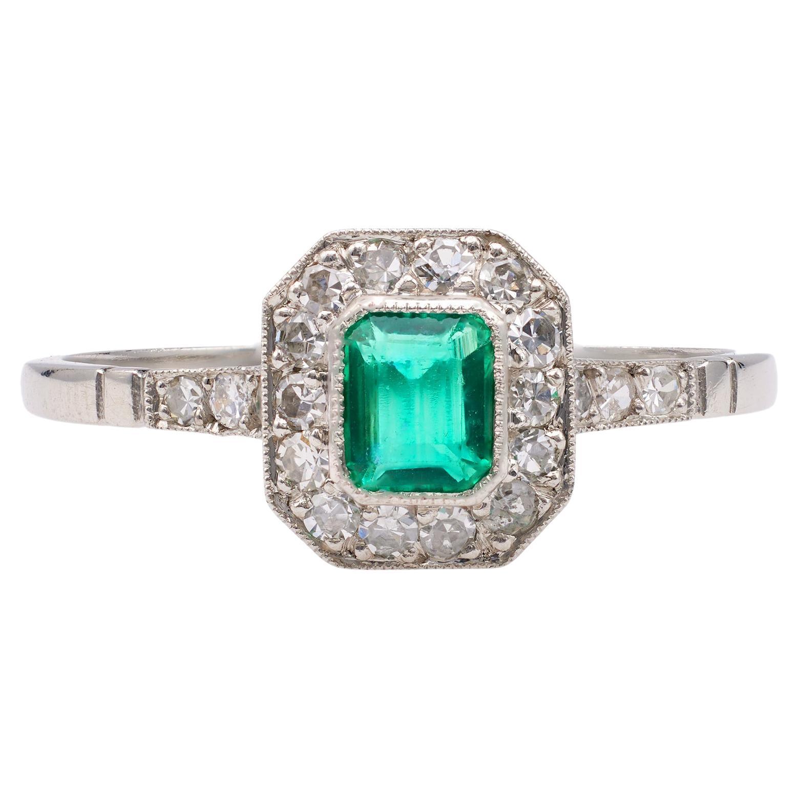 Art Deco Inspired Emerald Diamond Platinum Ring For Sale