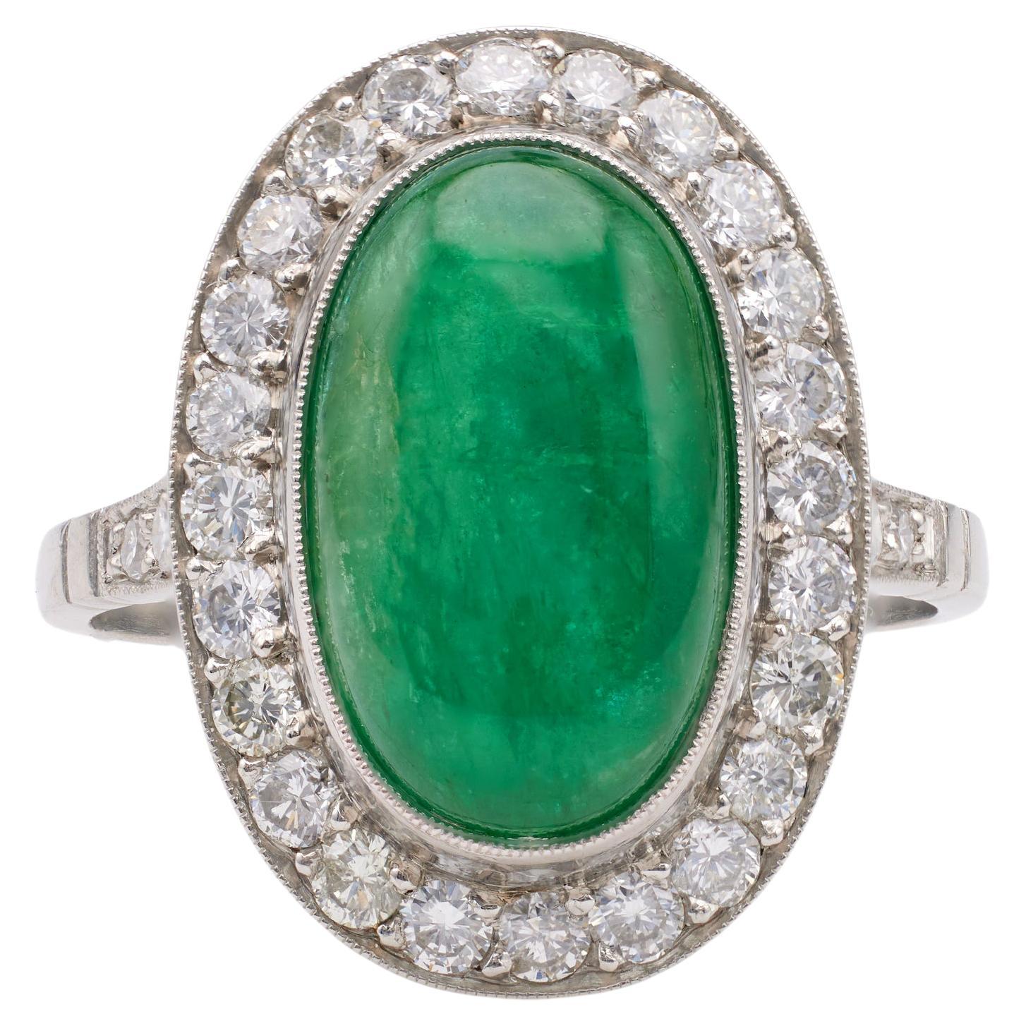 Art Deco Inspired Emerald Diamond Platinum Ring For Sale