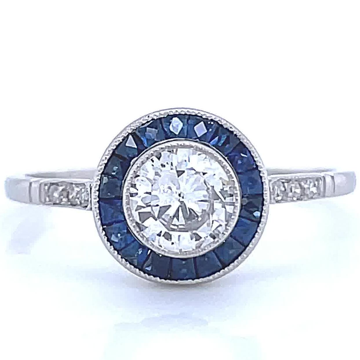 Round Cut Art Deco Inspired Engagement Ring Diamond Sapphire Target Ring