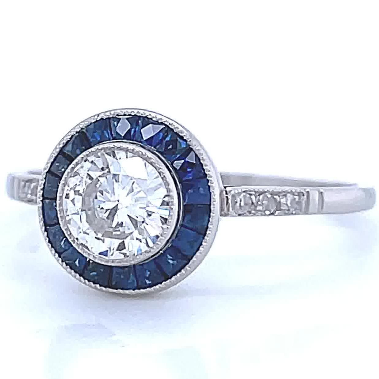 Art Deco Inspired Engagement Ring Diamond Sapphire Target Ring In New Condition In Beverly Hills, CA