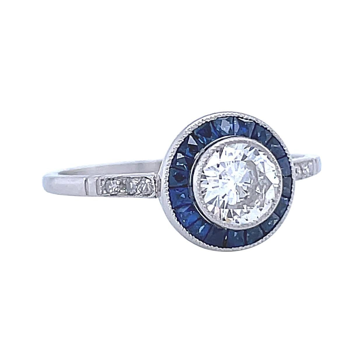 Art Deco Inspired Engagement Ring Diamond Sapphire Target Ring