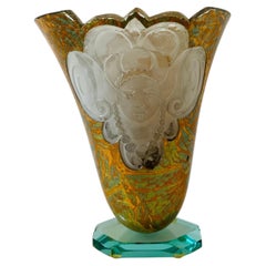 Art Deco Inspired Etched Crystal Art Glass Vase Attributed to Salvatore Polizzi
