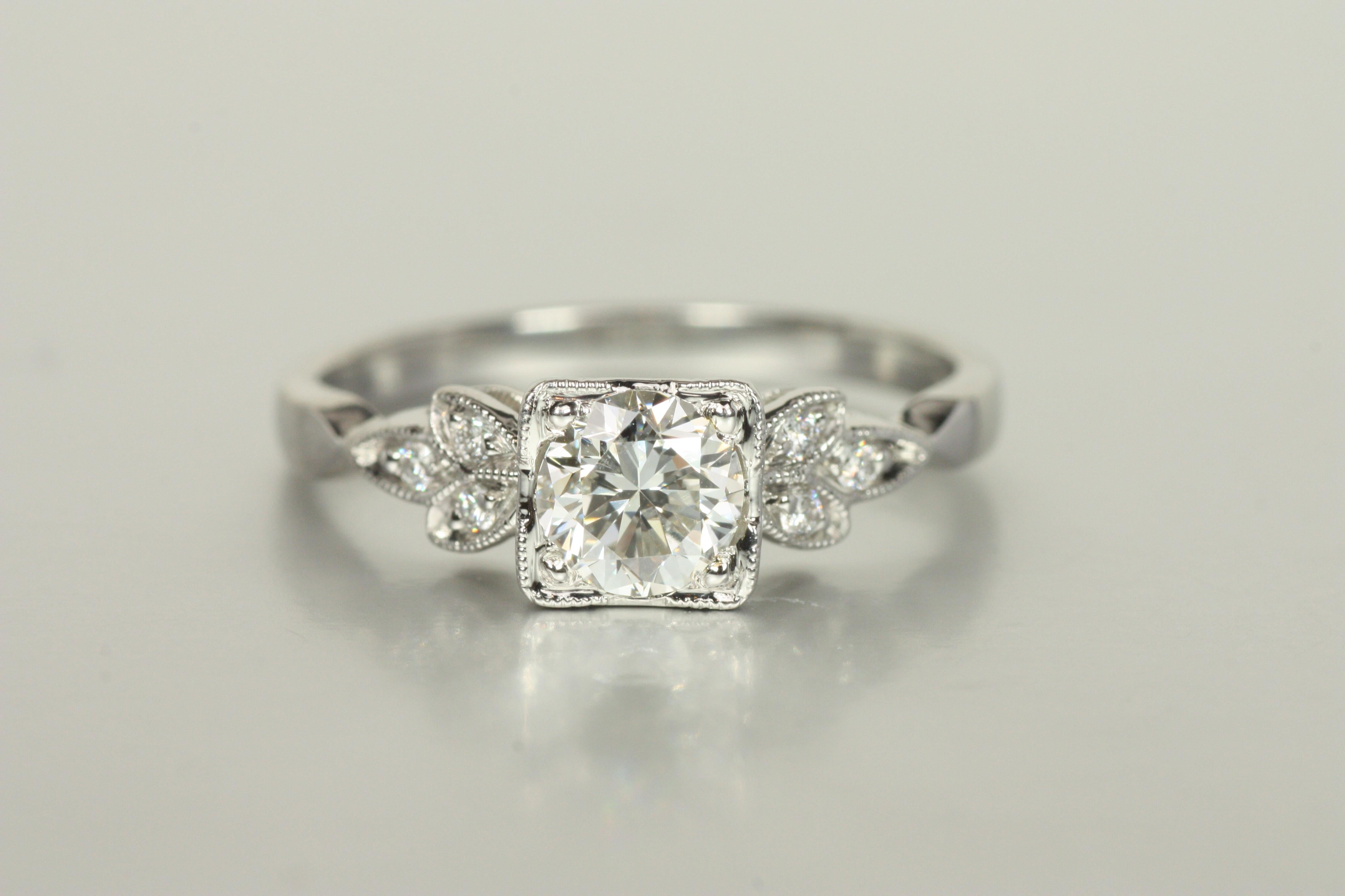 Modern Art Deco-Inspired Floral Engagement Ring – 0.63ct Round Diamonds in Platinum For Sale