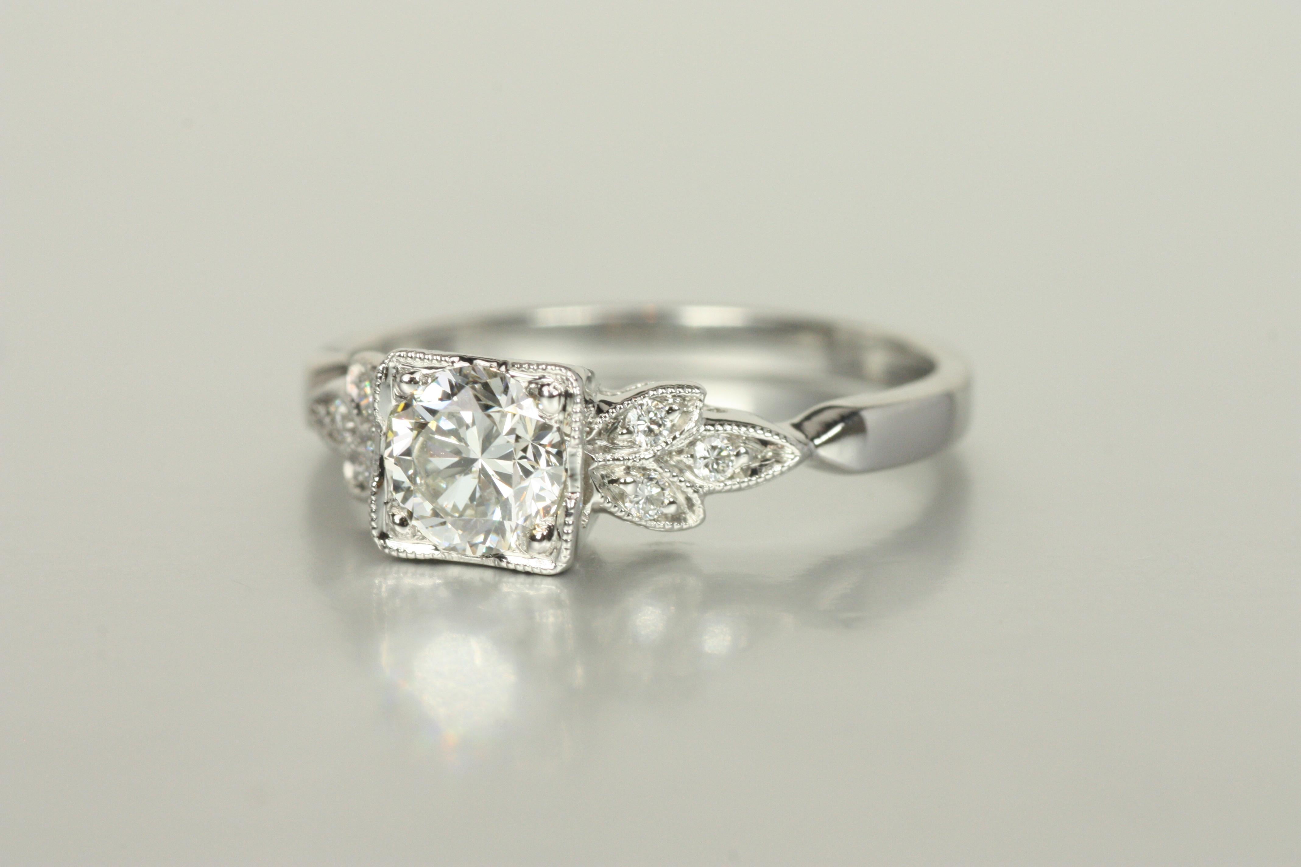 Round Cut Art Deco-Inspired Floral Engagement Ring – 0.63ct Round Diamonds in Platinum For Sale