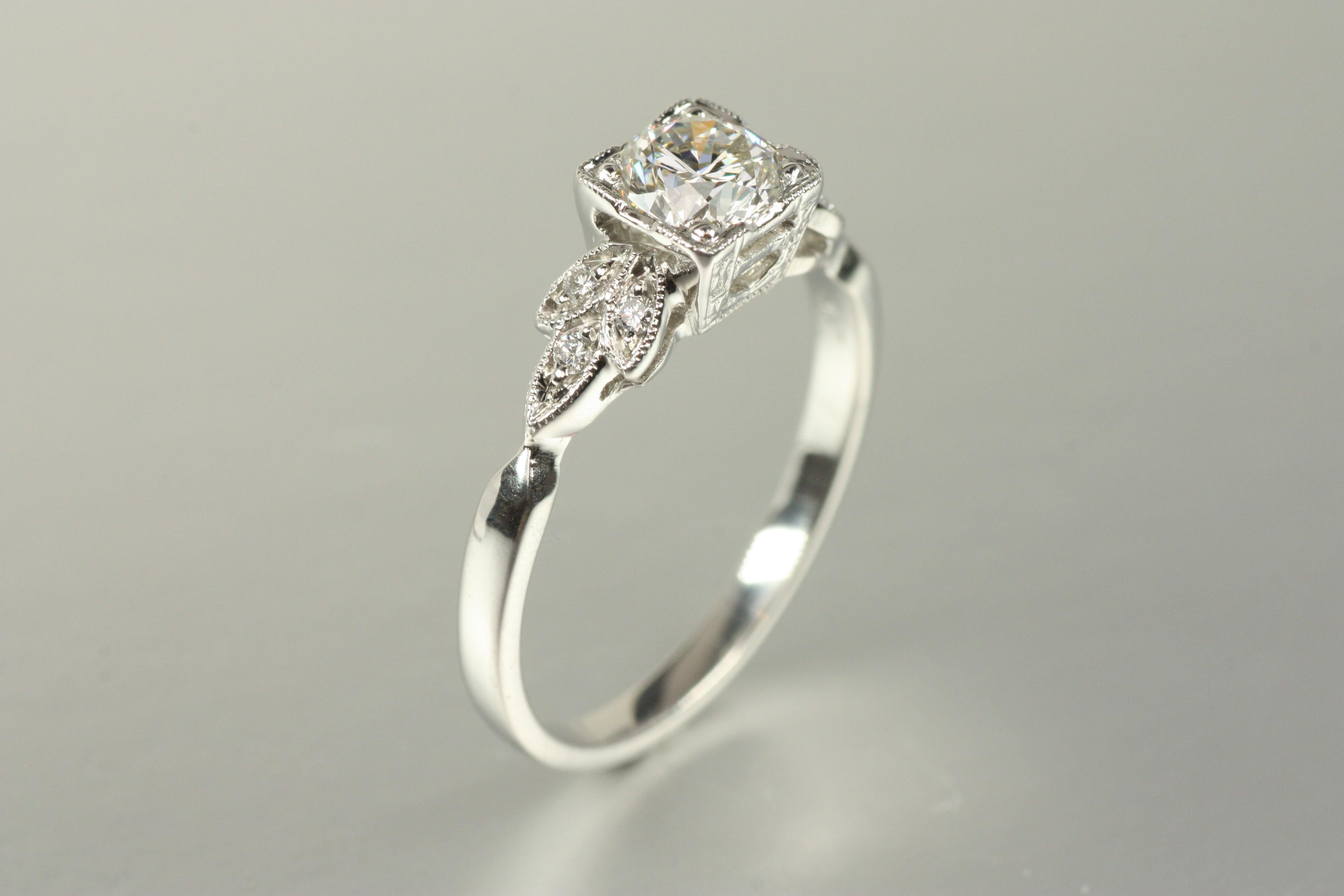 Art Deco-Inspired Floral Engagement Ring – 0.63ct Round Diamonds in Platinum For Sale 1