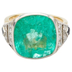 Art Deco Inspired French GIA Colombian Emerald Diamond Onyx 18k Platinum Ring