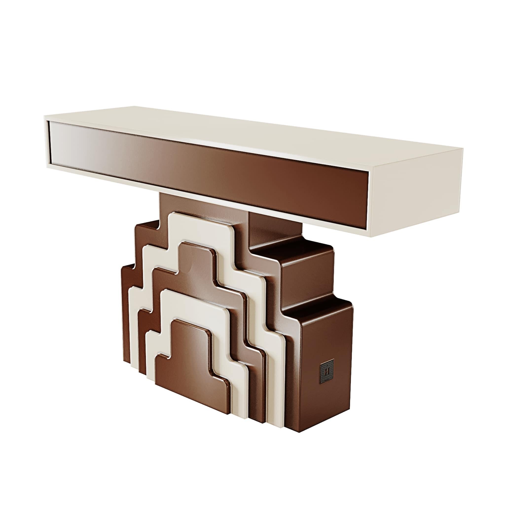Portuguese Art Deco Inspired Geometic Wood Console Table Brown & White Lacquer Two Drawers For Sale