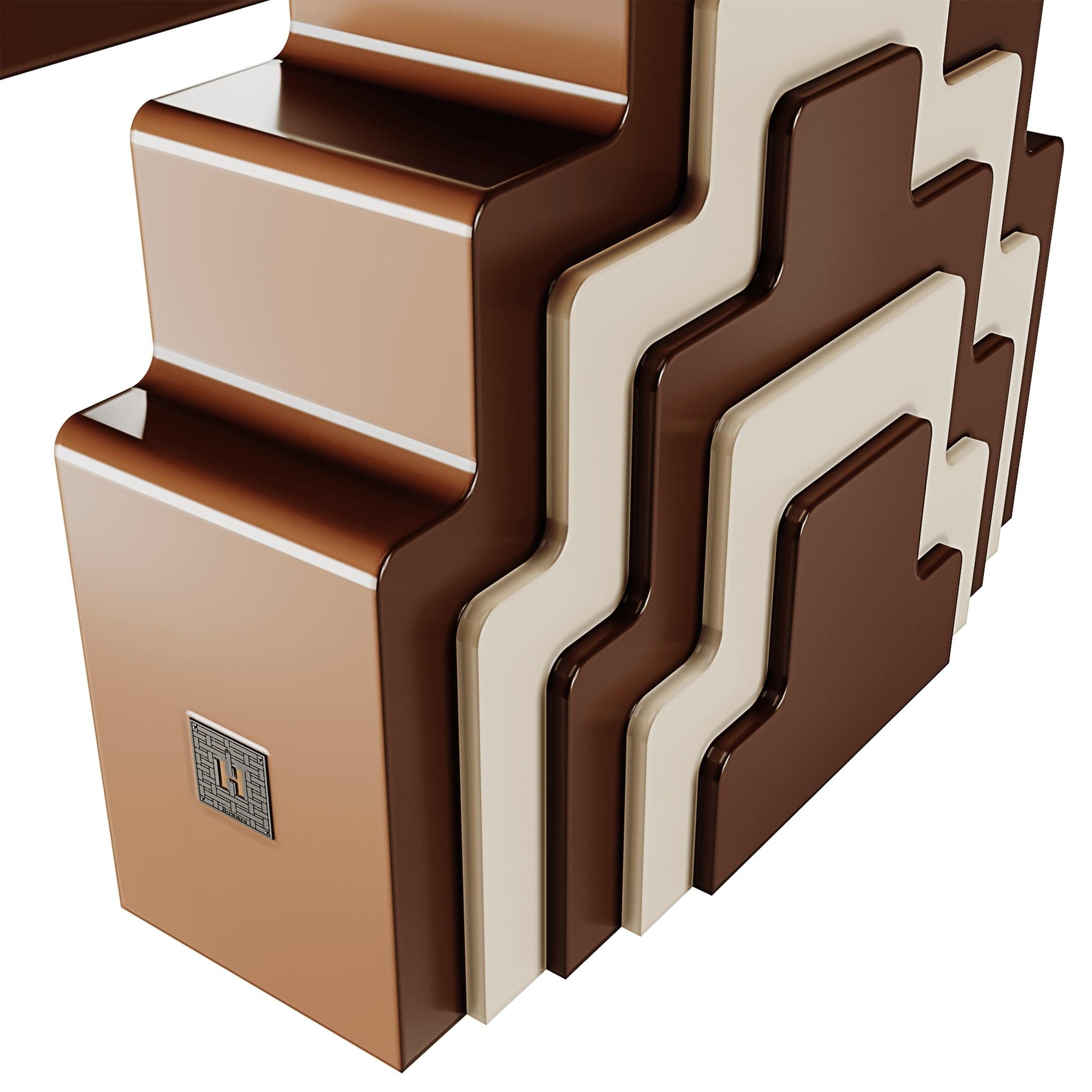 Art Deco inspiriert Geometic Wood Konsolentisch Braun & Weiß Lack Zwei Schubladen (Handgefertigt) im Angebot