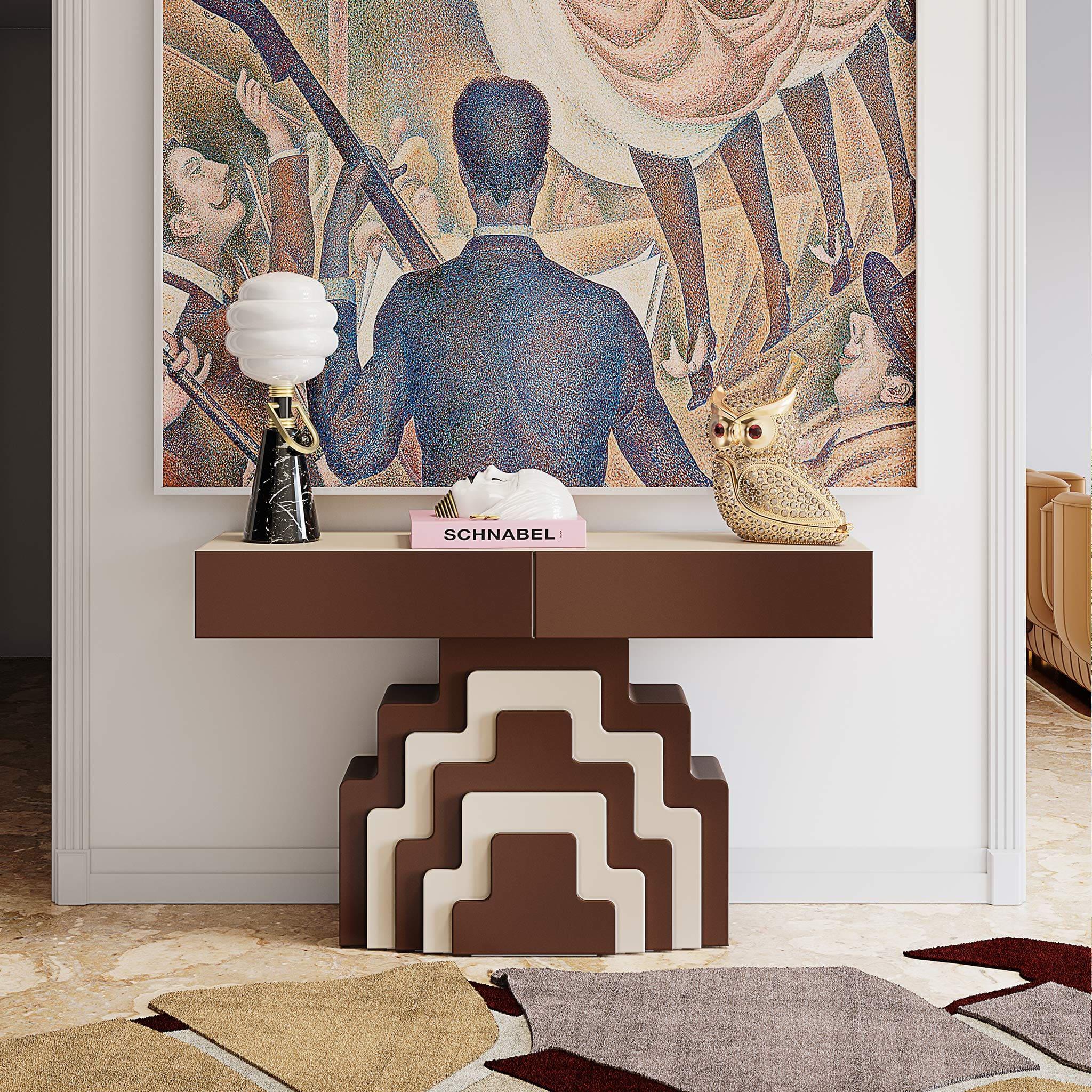 Art Deco inspiriert Geometic Wood Konsolentisch Braun & Weiß Lack Zwei Schubladen im Zustand „Neu“ im Angebot in Porto, PT
