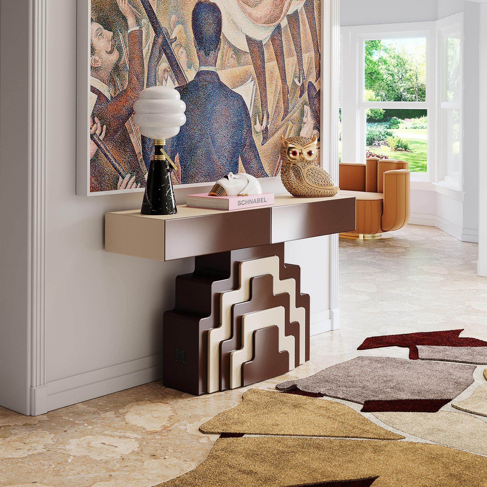 Art Deco inspiriert Geometic Wood Konsolentisch Braun & Weiß Lack Zwei Schubladen (21. Jahrhundert und zeitgenössisch) im Angebot