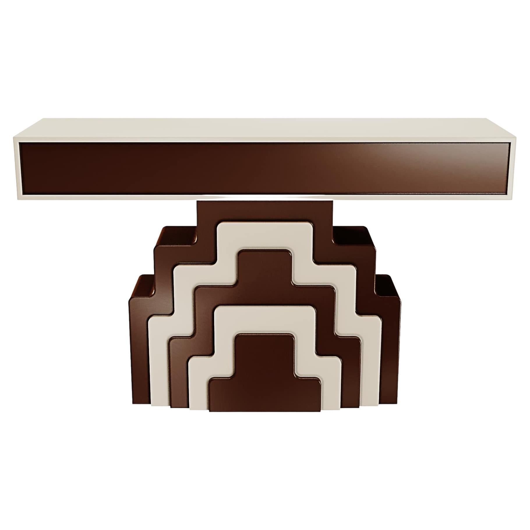 Art Deco Inspired Geometic Wood Console Table Brown & White Lacquer Two Drawers For Sale