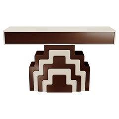 Art Deco Inspired Geometic Wood Console Table Brown & White Lacquer Two Drawers