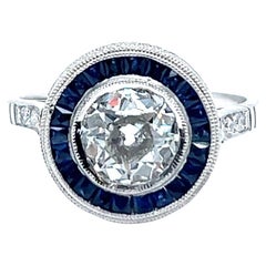 Art Deco Inspired GIA 1.25 Carat Old European Cut Diamond Sapphire Platinum Ring