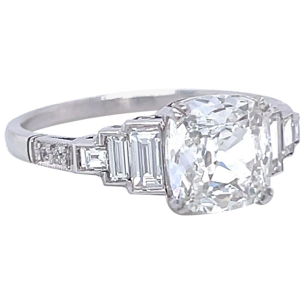 Art Deco Inspired GIA 1.51 Carat Old Mine Cut Diamond Platinum Engagement Ring