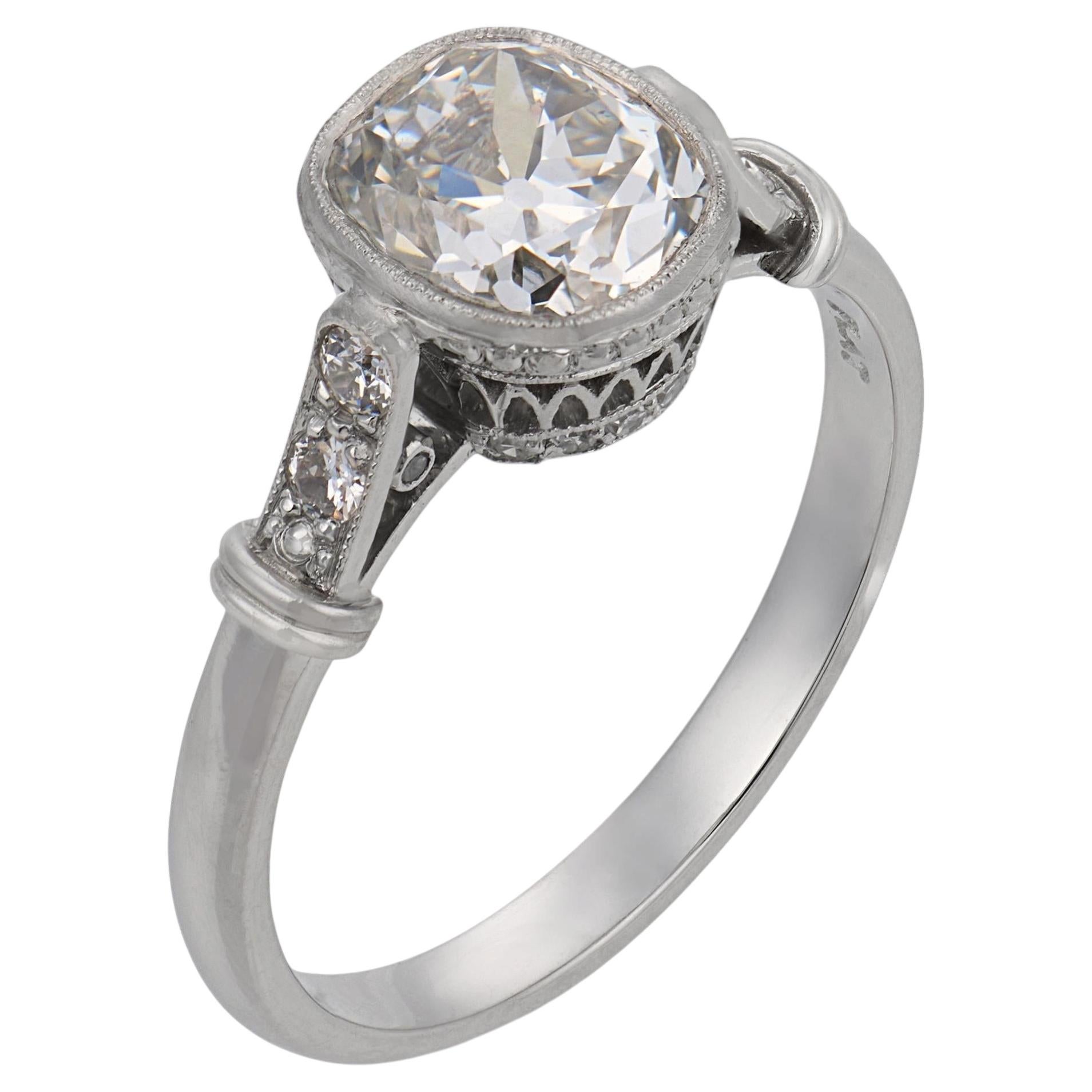 Art Deco inspired GIA 1.57 carat old mine cut diamond platinum engagement ring For Sale