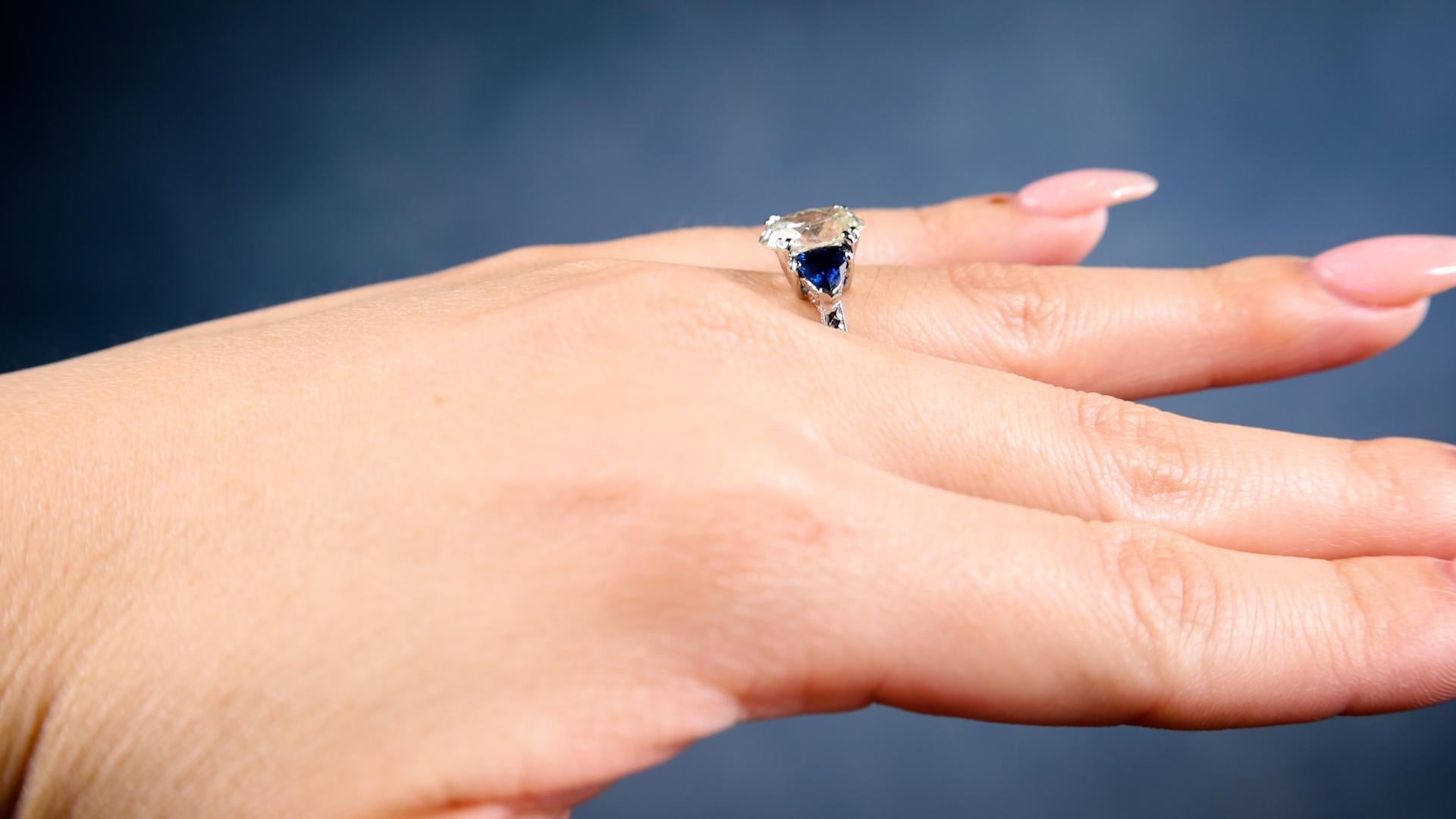 Women's or Men's Art Deco Inspired GIA 2.16 Carat Oval Cut Diamond Sapphire Platinum Ring