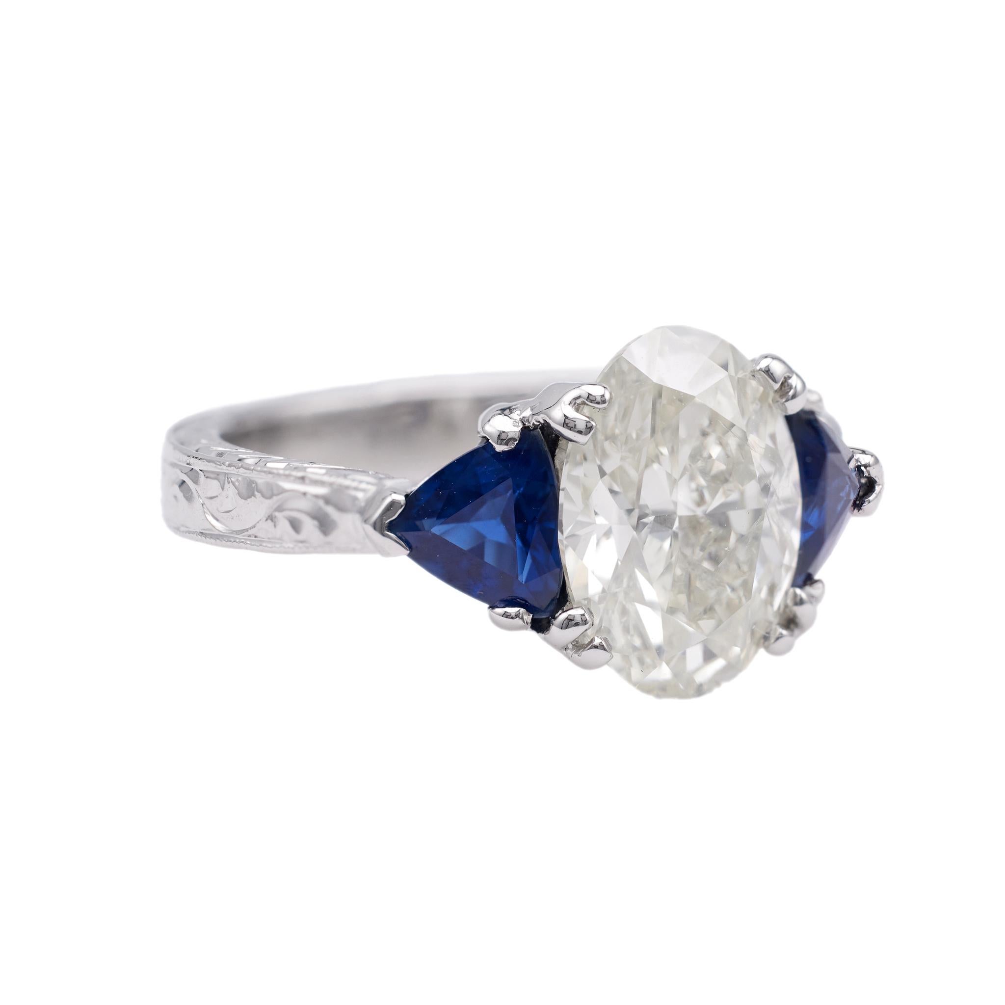 Art Deco Inspired GIA 2.16 Carat Oval Cut Diamond Sapphire Platinum Ring 1