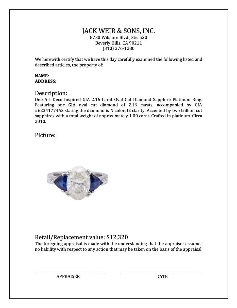 Art Deco Inspired GIA 2.16 Carat Oval Cut Diamond Sapphire Platinum Ring 4