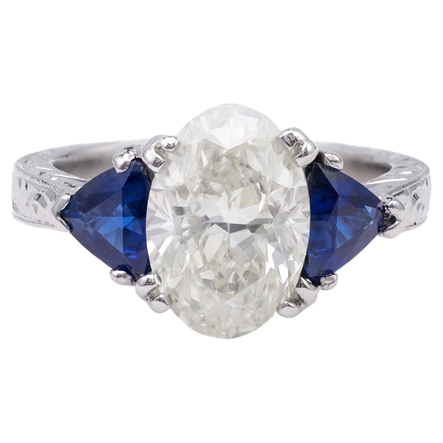 Art Deco Inspired GIA 2.16 Carat Oval Cut Diamond Sapphire Platinum Ring