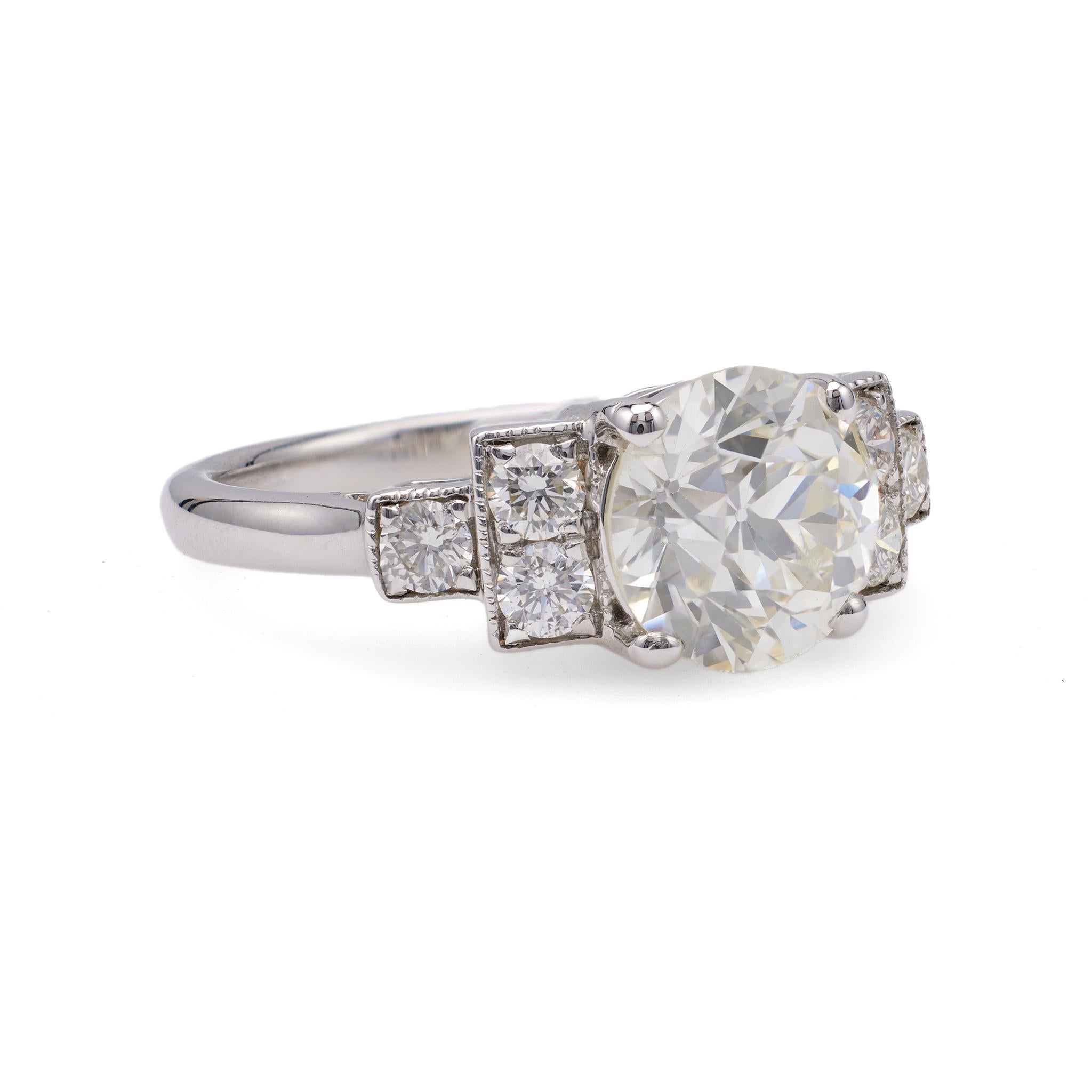 Women's or Men's Art Deco Inspired GIA 2.21 Carat Old European Cut Diamond 18k White Gold Ring For Sale