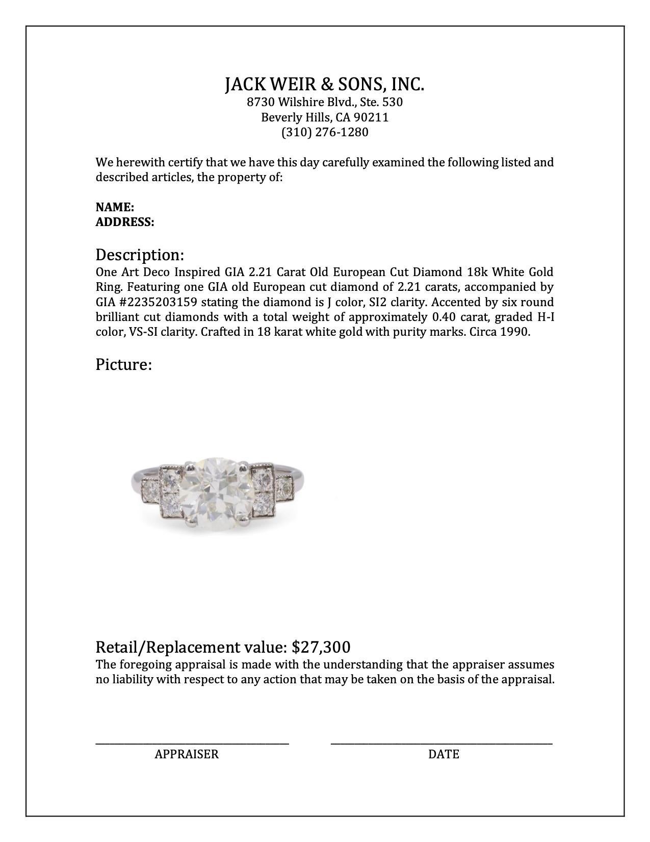 Art Deco Inspired GIA 2.21 Carat Old European Cut Diamond 18k White Gold Ring For Sale 3