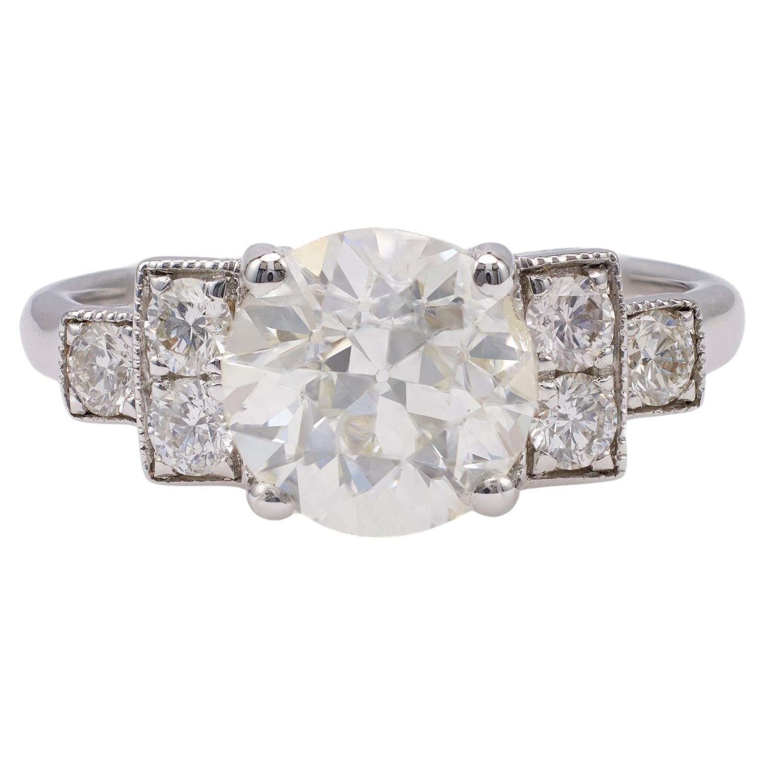 Art Deco Inspired GIA 2.21 Carat Old European Cut Diamond 18k White Gold Ring