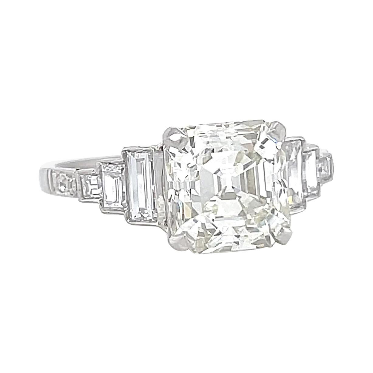 Art Deco Inspired GIA 2.86 Carat Square Emerald Diamond Platinum Engagement Ring