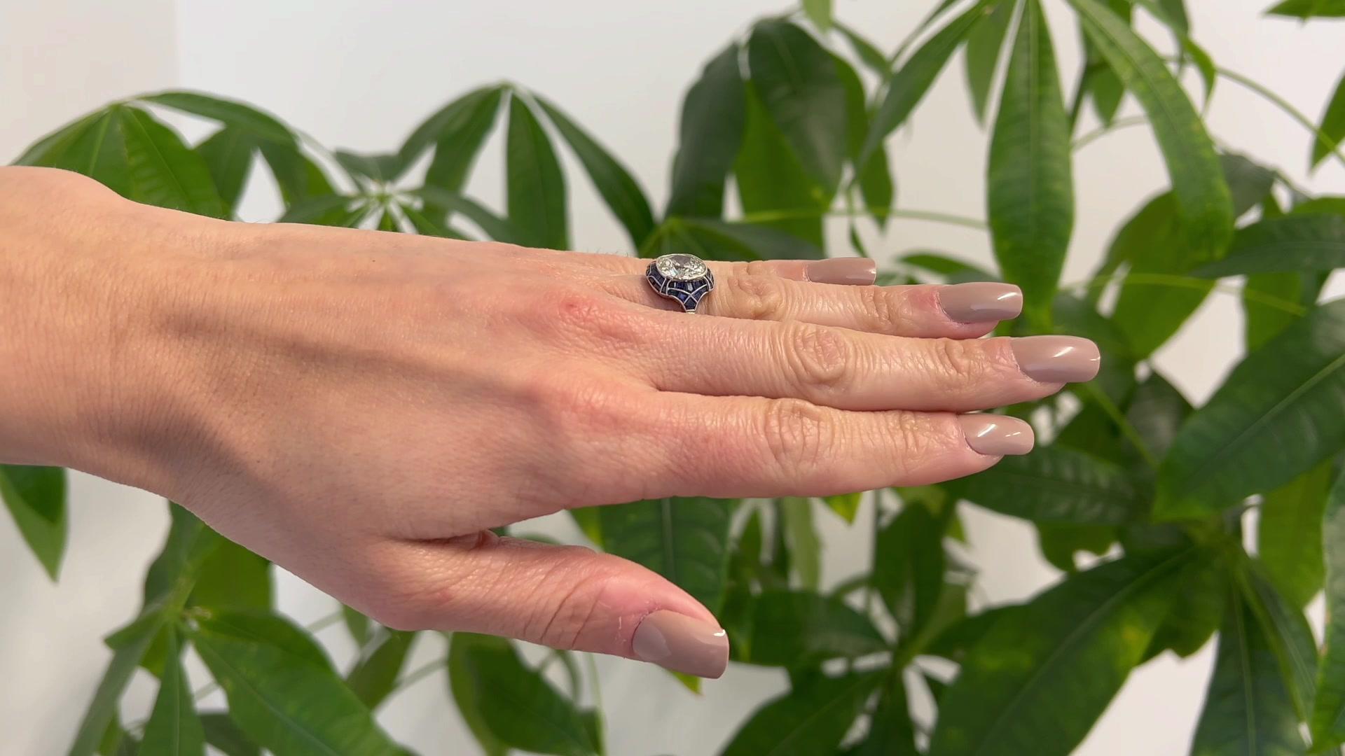 Women's or Men's Art Deco Inspired GIA 3.39 Carats Old Mine Cut Diamond Sapphire Platinum Ring