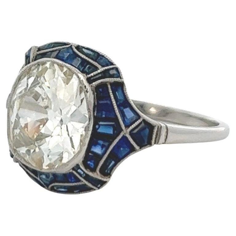 Art Deco Inspired GIA 3.39 Carats Old Mine Cut Diamond Sapphire Platinum Ring 1