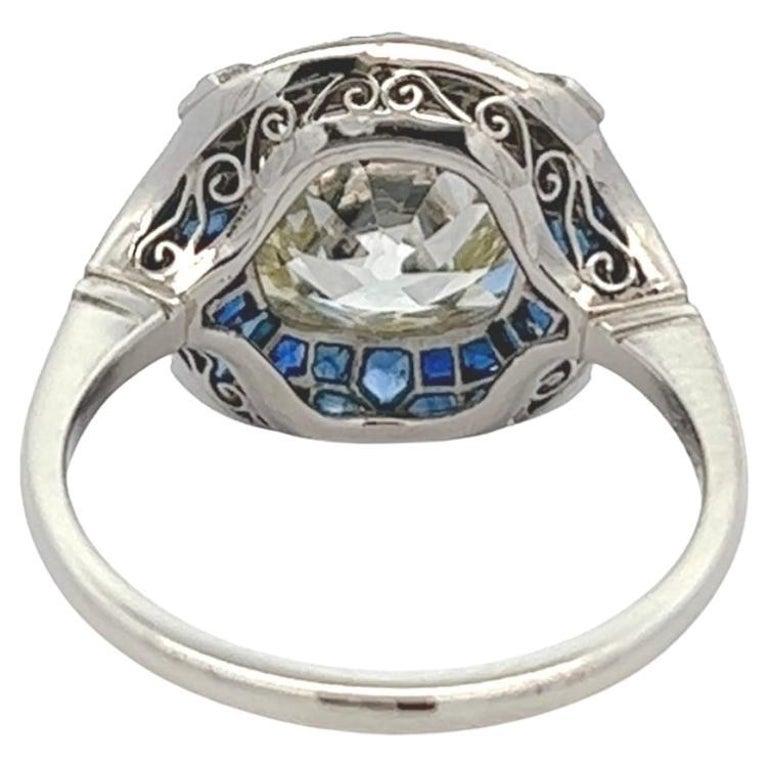 Art Deco Inspired GIA 3.39 Carats Old Mine Cut Diamond Sapphire Platinum Ring 2