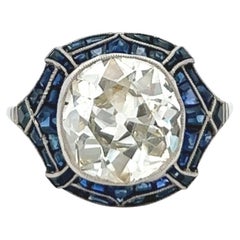 Art Deco Inspired GIA 3.39 Carats Old Mine Cut Diamond Sapphire Platinum Ring