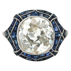 Platinring, Art déco-inspiriert, GIA 3,39 Karat Diamant im alten Minenschliff Saphir