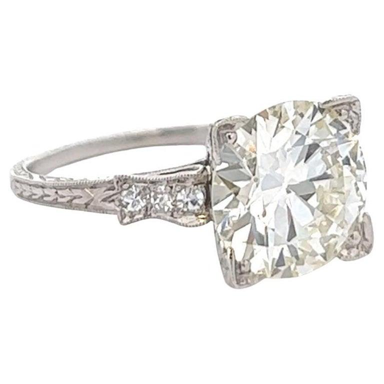Women's or Men's Art Deco Inspired GIA 3.50 Carats Round Brilliant Cut Diamond Platinum Ring For Sale