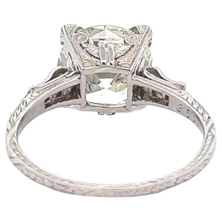 Art Deco Inspired GIA 3.50 Carats Round Brilliant Cut Diamond Platinum Ring For Sale 1